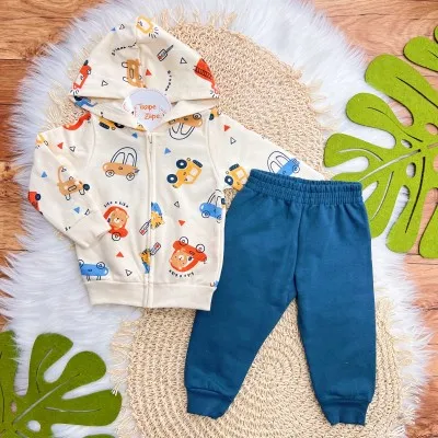 Conj. Jaqueta Beep Beep! com Capuz e Calça de Moletom - Areia e Azul Jeans