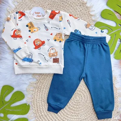 Conj. Casaco Beep Beep! e Calça de Moletom - Areia e Azul Jeans