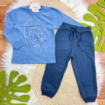 Conj. Blusa Manga Longa Dino Fun Time e Calça de Moletom - Azul Marinho