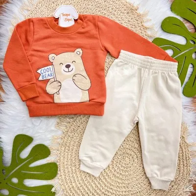 Conj. Casaco Cool Bear e Calça de Moletom - Laranja e Areia