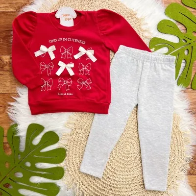  Conj. Casaco de Moletom Tied Up in Cuteness e Calça Legging - Vermelho e Mescla