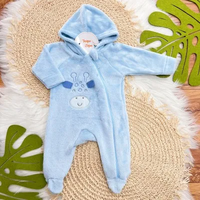 Macacão de Pelinho com Capuz Girafinha - Azul Bebê