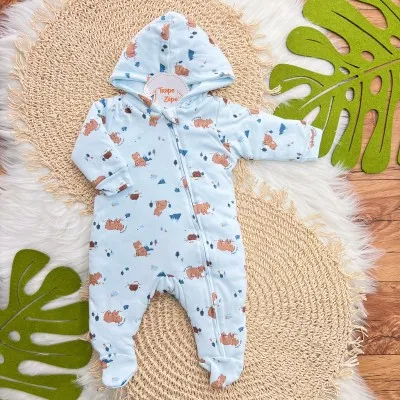 Macacão Acolchoado com Capuz Ursos - Azul Bebê