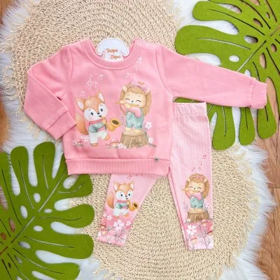 Conj. Casaco de Moletom Leoa com Raposinha e Calça Legging - Rosa