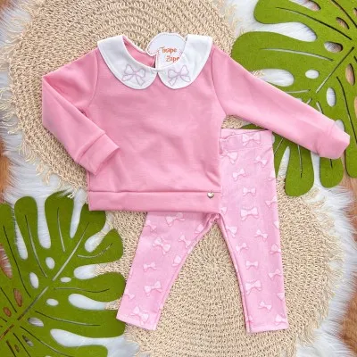 Conj. Casaco com Gola de Flores e Calça Legging - Rosa