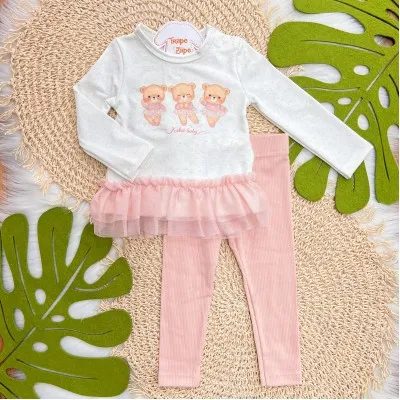 Conj. Blusa Manga Longa Três Ursinhas Bailarinas e Calça Legging - Areia e Rose