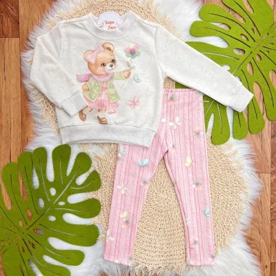 Conj. Casaco de Linha Ursinha com Flor de Crochê e Calça Legging - Areia e Rosa