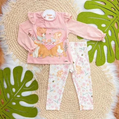 Conj. Blusa Manga Longa Cafézinho da Tarde Ursinha com Ratinha e Calça Legging - Rose