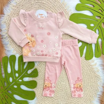 Conj. Casaco de Moletom Doguinha com Flores e Calça Legging - Rose
