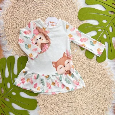 Vestido Manga Longa Leoa e Raposinha - Areia