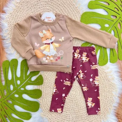 Conj. Casaco de Moletom Raposinha com Botinhas e Calça Legging - Marrom e Bordo