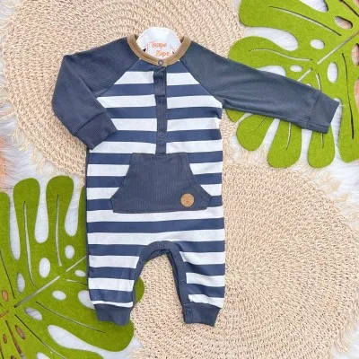 Macacão Canelado Listrado com Bolsinho - Cinza e Areia