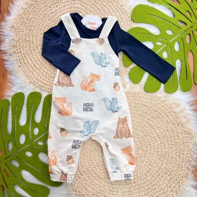 Conj. Body Manga Longa e Jardineira Animais Aquarela de Moletom em Linho - Areia e Marinho