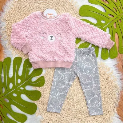 Conj. Casaco Ursinha Feliz com Pelinho Ondulado e Calça Legging - Rose