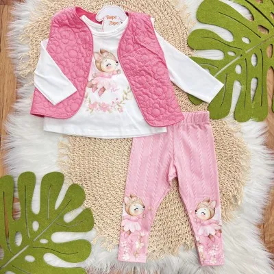 Conj. Colete Puffer Flores, Blusa Raposa Fadinha e Calça Legging - Pink e Off White