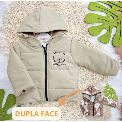 Jaqueta Little Bear Dupla Face Acolchoada com Capuz - Areia e Marrom