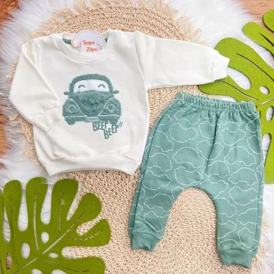 Conj. Casaco Fusquinha e Calça de Moletom - Off White e Verde
