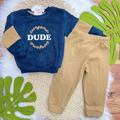 Conj. Casaco Dude e Calça em Malha Wafle - Marinho e Caramelo