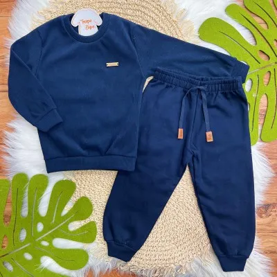 Conj. Blusa Manga Longa em Malha Cotele e Calça de Moletom - Marinho