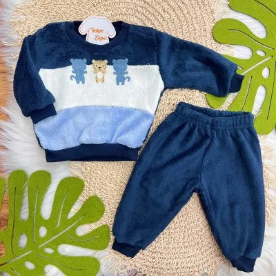 Conj. Casaco Tigre Baby e Calça em Plush - Marinho e Azul Jeans