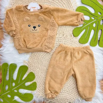 Conj. Casaco Urso Fofo e Calça em Plush - Caramelo