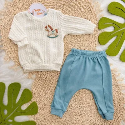 Conj. Casaco Tricot Cavalinho e Calça - Off White e Verde