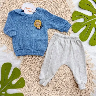 Conj. Casaco Tricot Leãozinho e Calça - Azul Jeans e Mescla