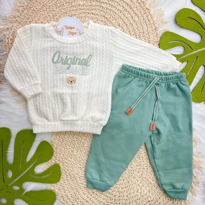Conj. Casaco Tricot Original Brand e Calça de Moletom - Off White e Verde