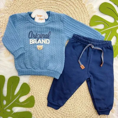 Conj. Casaco Tricot Original Brand e Calça de Moletom - Azul Jeans