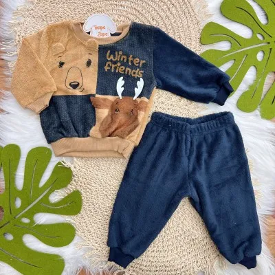 Conj. Casaco Winter Friends e Calça de Pelinho - Azul Marinho