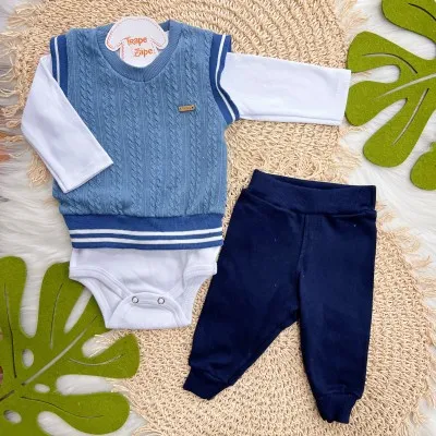 Conj. Colete Trançado em Tricot, Body Manga Longa e Calça - Azul Jeans