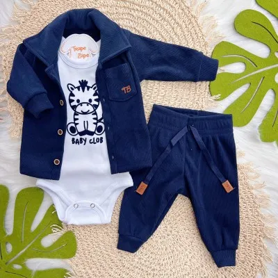 Conj. Casaco com Botões, Body Zebrinha Baby Club e Calça Soft Canelado - Marinho