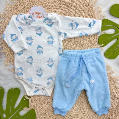 Conj. Body Manga Longa Boneco de Gelo e Calça em Plush - Azul Bebê