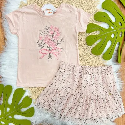 Conj. Blusa Buquê de Flores e Short Saia em Tule Sublimado - Rose