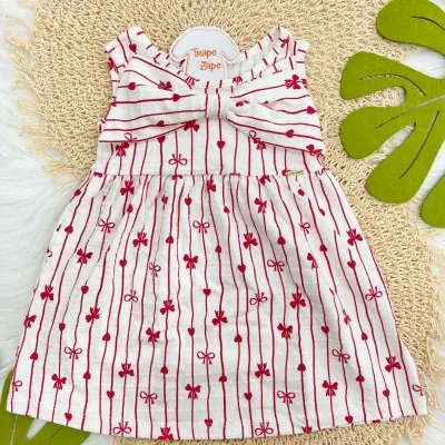 Vestido Ana Bola com Listras e Corações - Off White e Vermelho 