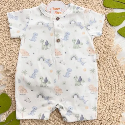 Macacão Curto Dinos Baby - Off White e Colorido