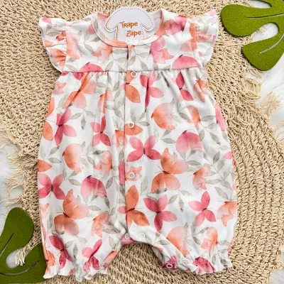 Macacão Curto Borboletas Florais - Off White e Laranja