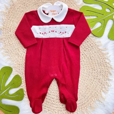  Macacão Tricotil (Tricot 100% Algodão) com Gola e Bordado - Vermelho com Tulipas