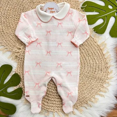  Macacão Tricotil (Tricot 100% Algodão) com Gola e Estampa Digital - Rose com Laços