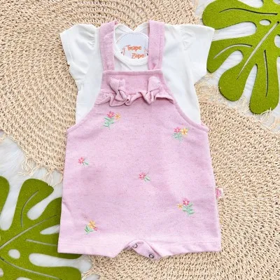 Conj. Blusa Manga Curta e Jardineira de Linho Florzinhas - Off White e Rosa