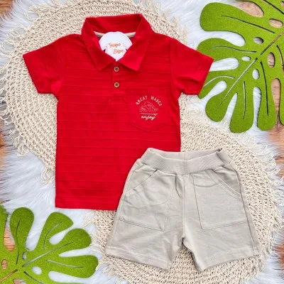 Conj. Camisa Gola Polo Waves Enjoy e Bermuda - Vermelho e Areia