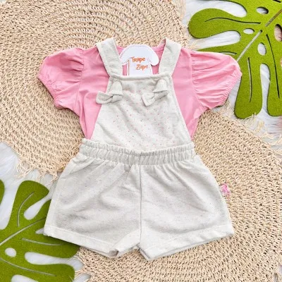 Conj. Blusa Manga Curta e Jardineira de Linho com Strass - Rosa e Areia