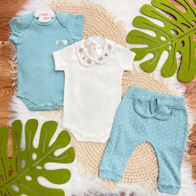 Conj. de Malha 3 peças- Gola Bordada com Borboletas - Verde Menta