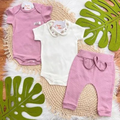 Conj. de Malha 3 peças- Gola Bordada com Borboletas - Off White e Uva