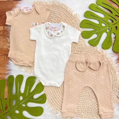 Conj. de Malha 3 peças- Gola Bordada com Borboletas - Off White e Areia