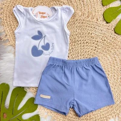 Conj. Blusa Cerejas de Corações e Short - Branco e Azul Jeans