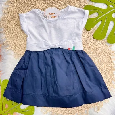 Vestido Lamon Manga Curta - Branco e Marinho