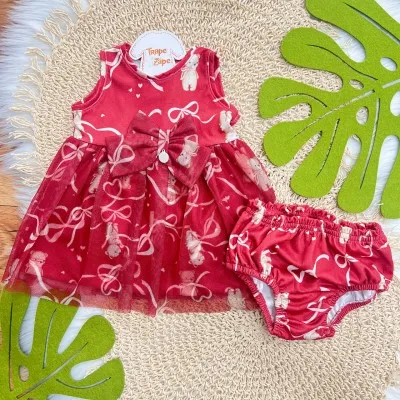 Natal 25 - Vestido e Tapa Fralda Ursos com Lacinhos - Vermelho