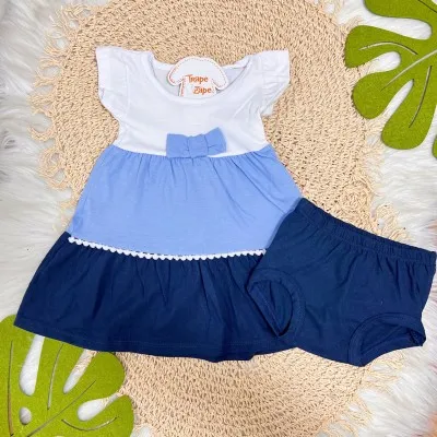 Vestido Três Marias e Tapa Fralda - Azul e Branco