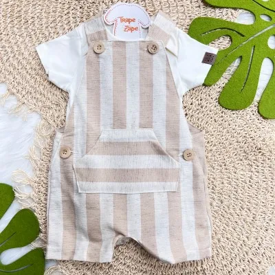 Conj. Body Manga Curta e Jardineira em Linho Listrada - Areia e Off White